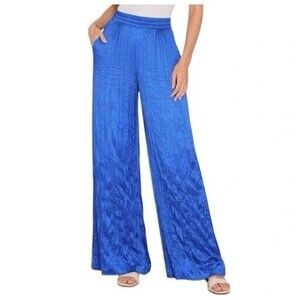 House Of Harlow Womens Small Blue Crinkle Satin Wide Leg Hi Rise Pants Party